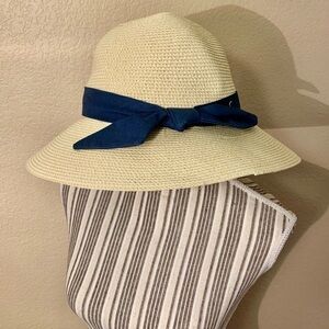 NEW Furtalk Straw Hat Navy Blue Bow Adjustable Size Detachable Chin Strap Paper